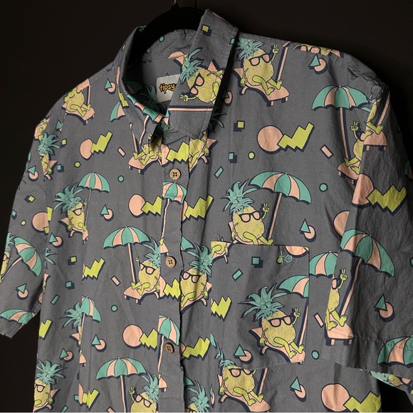 Tipsy Elves All Over Gray Peace Out Pineapple Hawaiian Mens Button Up Down Shirt - Picture 1 of 13